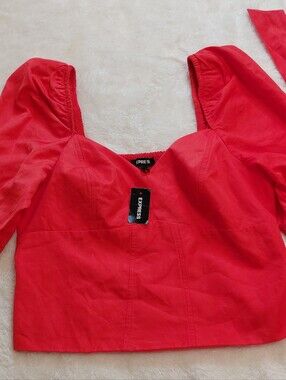Express Women's Coral Red Puff Sleeve Tie-Sleeve Crop Top Size M NWT